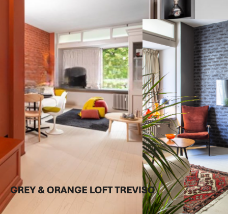 Composizione fotografica dei soggiorni di Orange Loft e Grey Loft, con effetto sfocato 